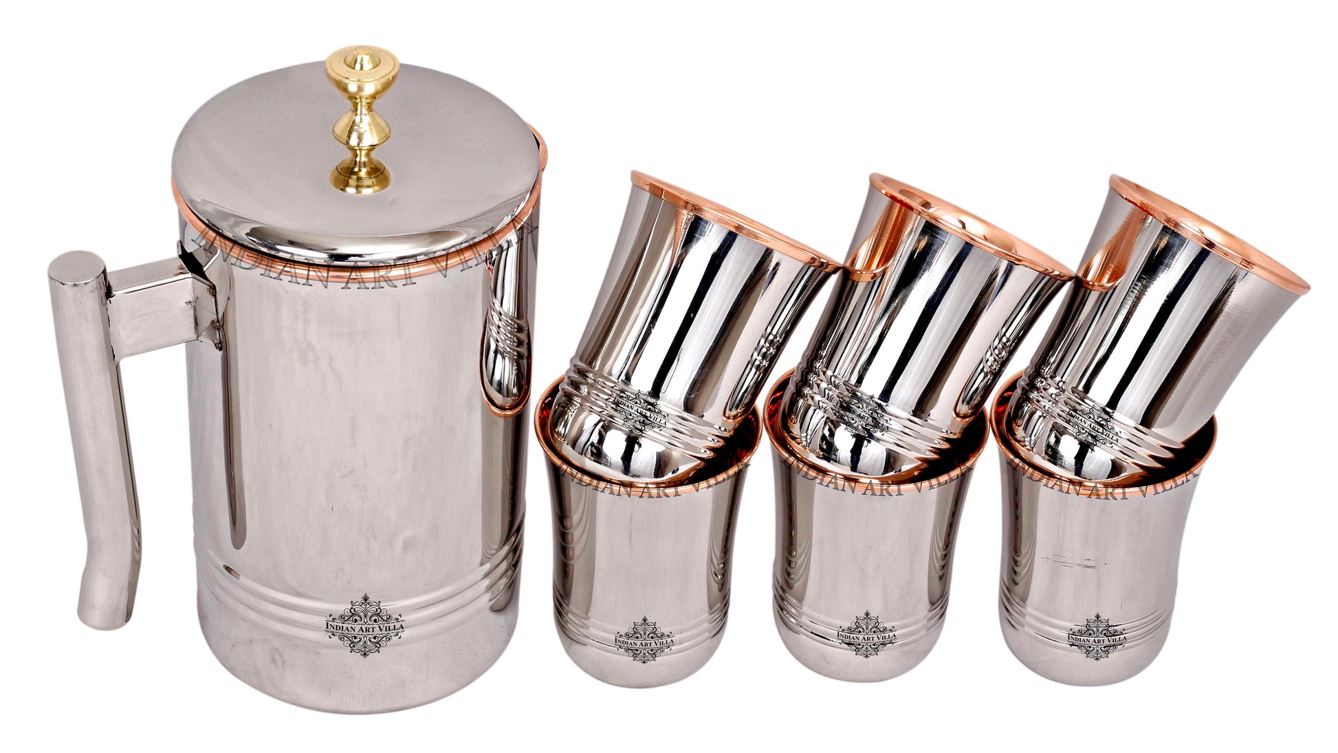 Steel Copper Jug Pitcher With Brass Knob & Glass Set, Serveware & Tableware