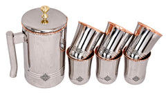 Steel Copper Jug Pitcher With Brass Knob & Glass Set, Serveware & Tableware
