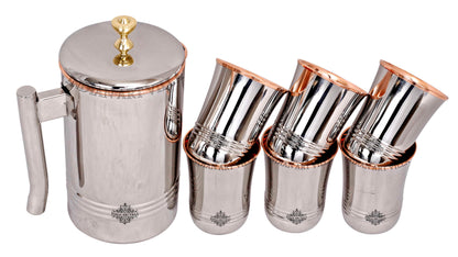 Steel Copper Jug Pitcher With Brass Knob & Glass Set, Serveware & Tableware