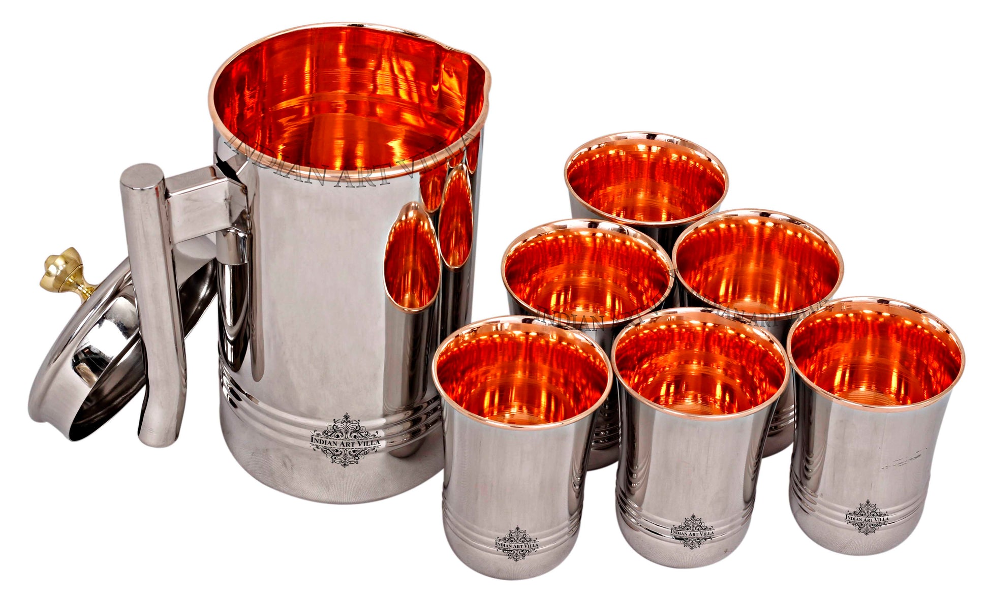 Steel Copper Jug Pitcher With Brass Knob & Glass Set, Serveware & Tableware