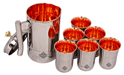 Steel Copper Jug Pitcher With Brass Knob & Glass Set, Serveware & Tableware