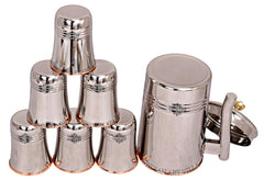 Steel Copper Jug Pitcher With Brass Knob & Glass Set, Serveware & Tableware