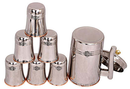 Steel Copper Jug Pitcher With Brass Knob & Glass Set, Serveware & Tableware