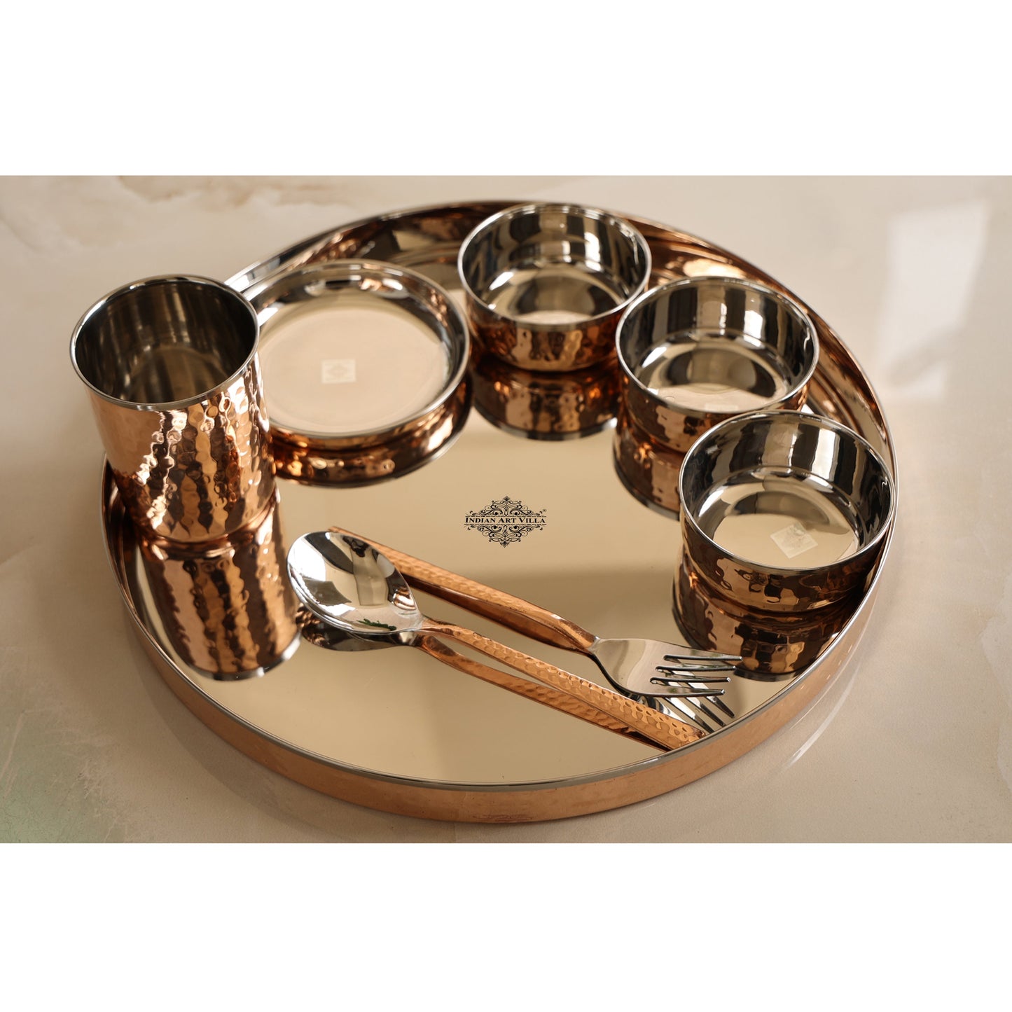 Handcrafted Pure Steel Copper 8 Pieces Dinner Set with Hammered Design