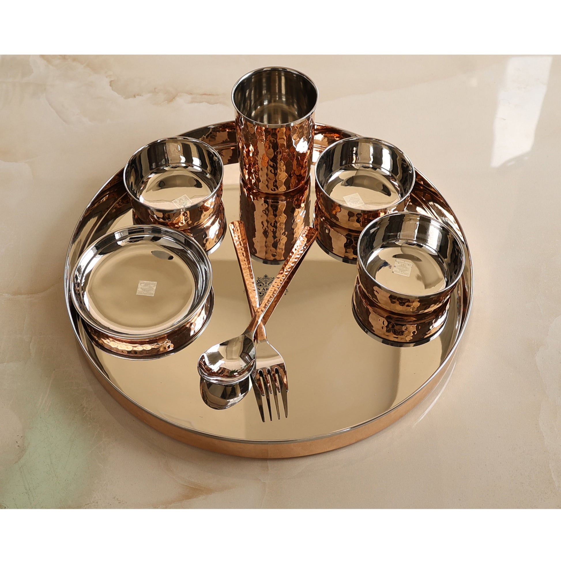 Handcrafted Pure Steel Copper 8 Pieces Dinner Set with Hammered Design