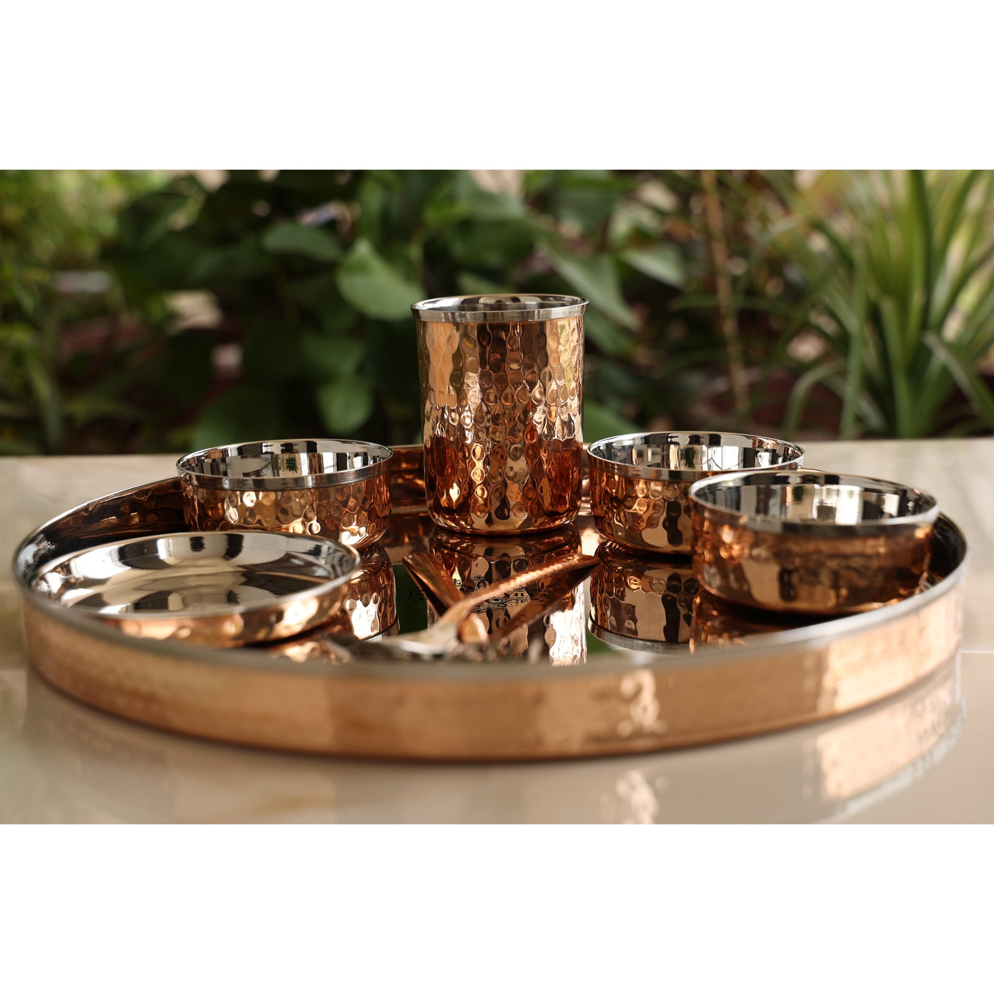 Handcrafted Pure Steel Copper 8 Pieces Dinner Set with Hammered Design