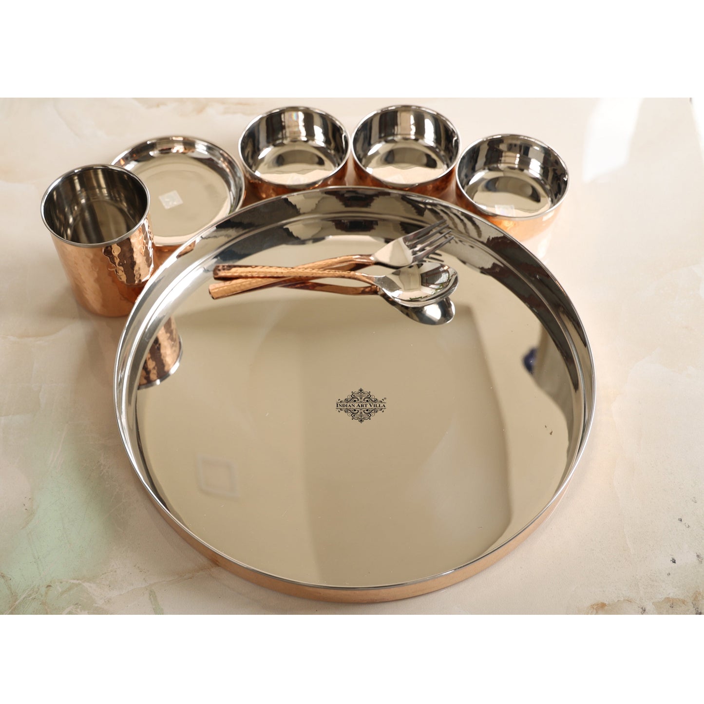Handcrafted Pure Steel Copper 8 Pieces Dinner Set with Hammered Design