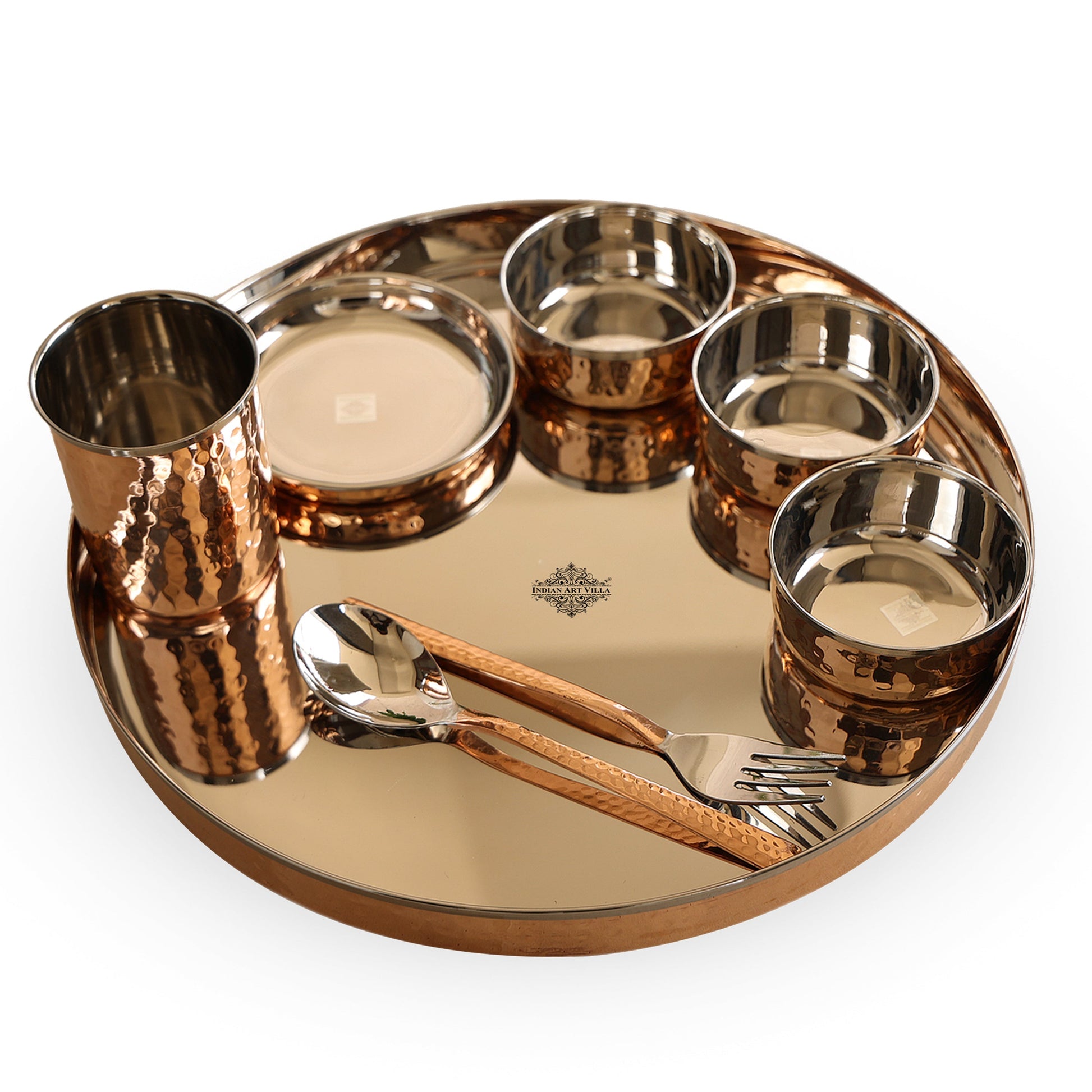 Handcrafted Pure Steel Copper 8 Pieces Dinner Set with Hammered Design