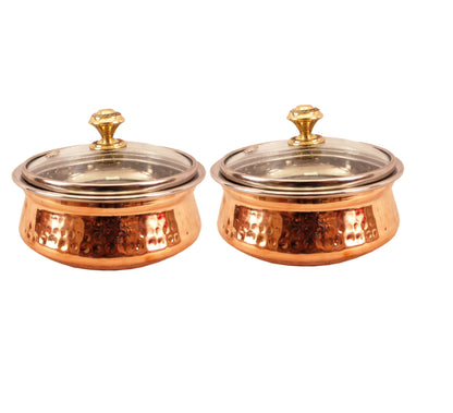 Steel Copper Hammered Serving Handi with Glass Lid and brass handle of lid | Tablewrae | Serveware