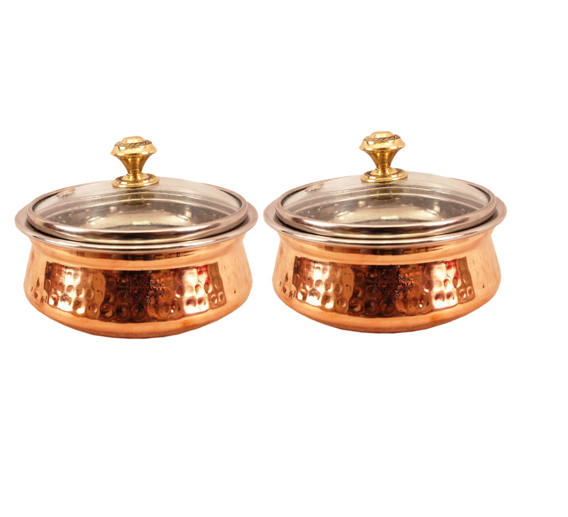 Steel Copper Hammered Serving Handi with Glass Lid and brass handle of lid | Tablewrae | Serveware