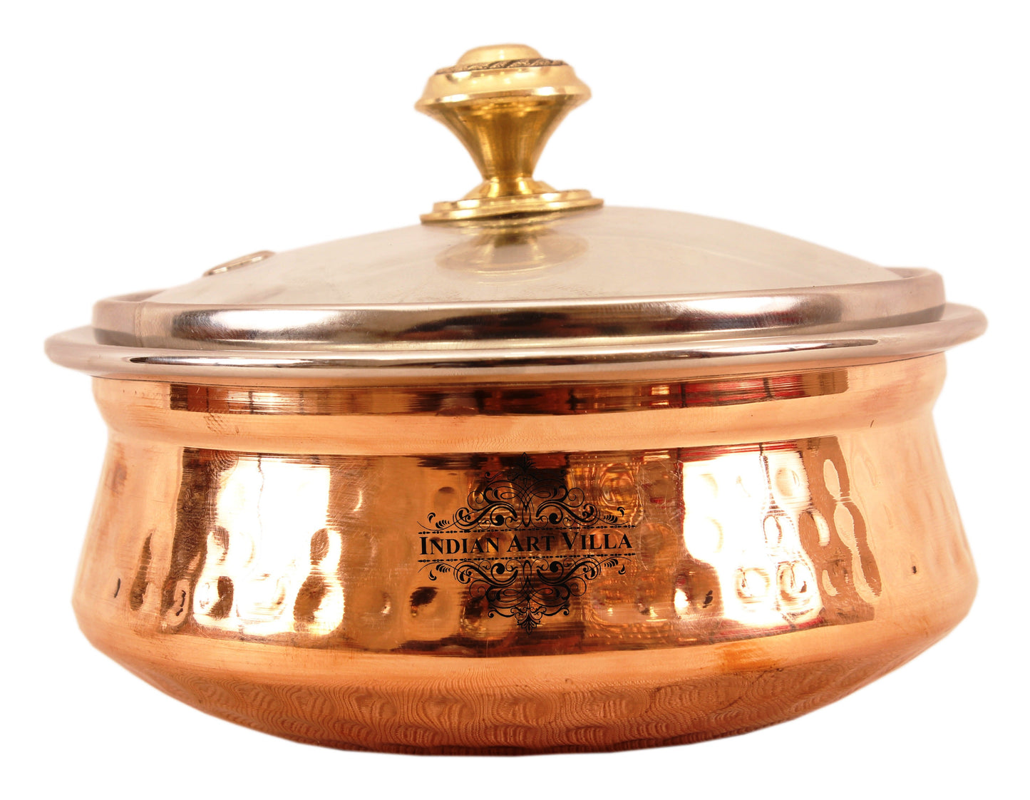 Steel Copper Hammered Serving Handi with Glass Lid and brass handle of lid | Tablewrae | Serveware