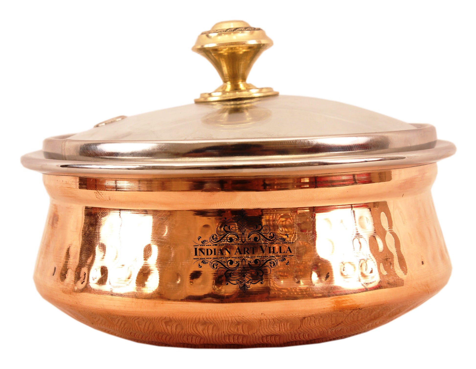 Steel Copper Hammered Serving Handi with Glass Lid and brass handle of lid | Tablewrae | Serveware