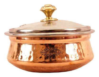 Steel Copper Hammered Serving Handi with Glass Lid and brass handle of lid | Tablewrae | Serveware
