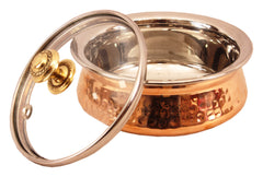 Steel Copper Hammered Serving Handi with Glass Lid and brass handle of lid | Tablewrae | Serveware
