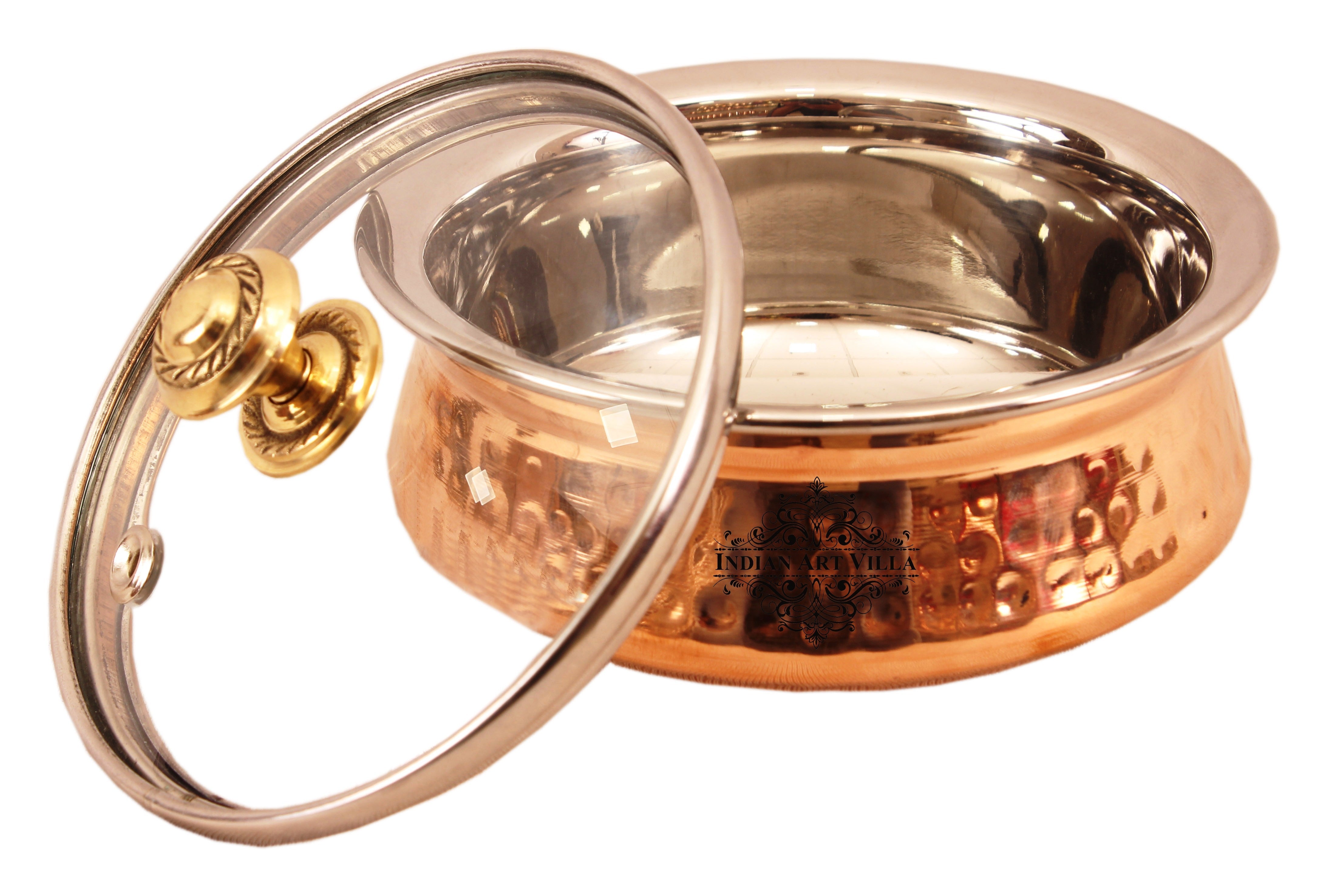 Steel Copper Hammered Serving Handi with Glass Lid and brass handle of lid | Tablewrae | Serveware
