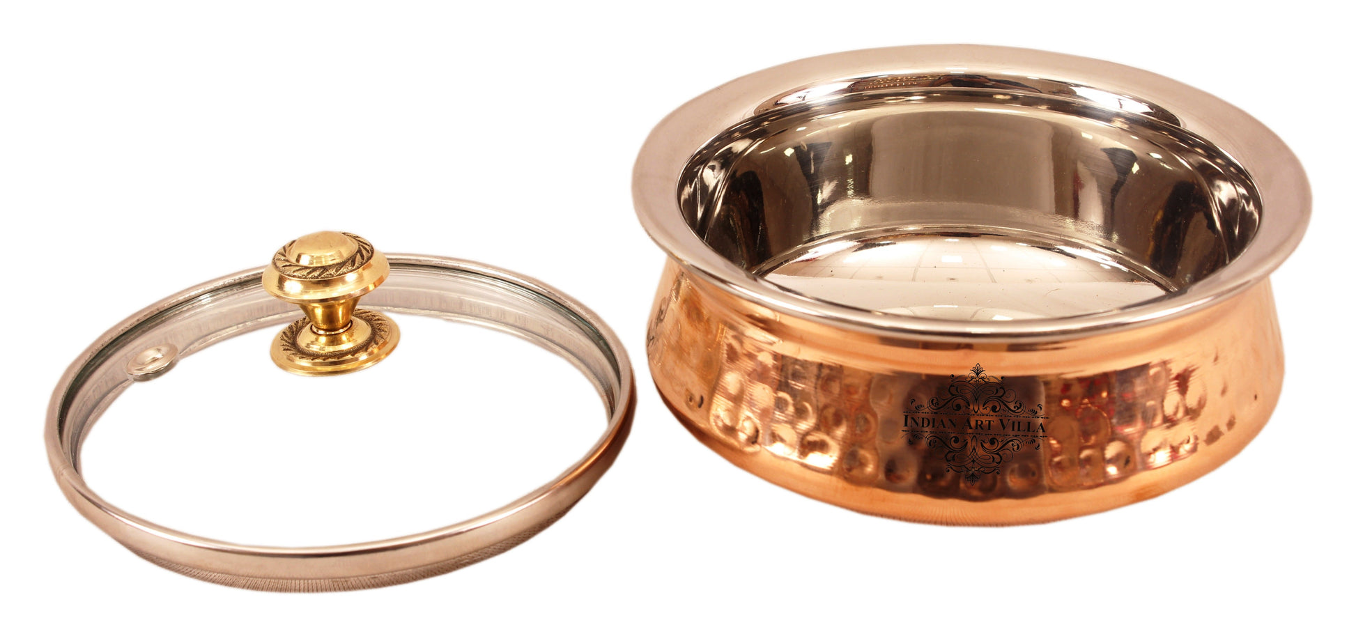Steel Copper Hammered Serving Handi with Glass Lid and brass handle of lid | Tablewrae | Serveware