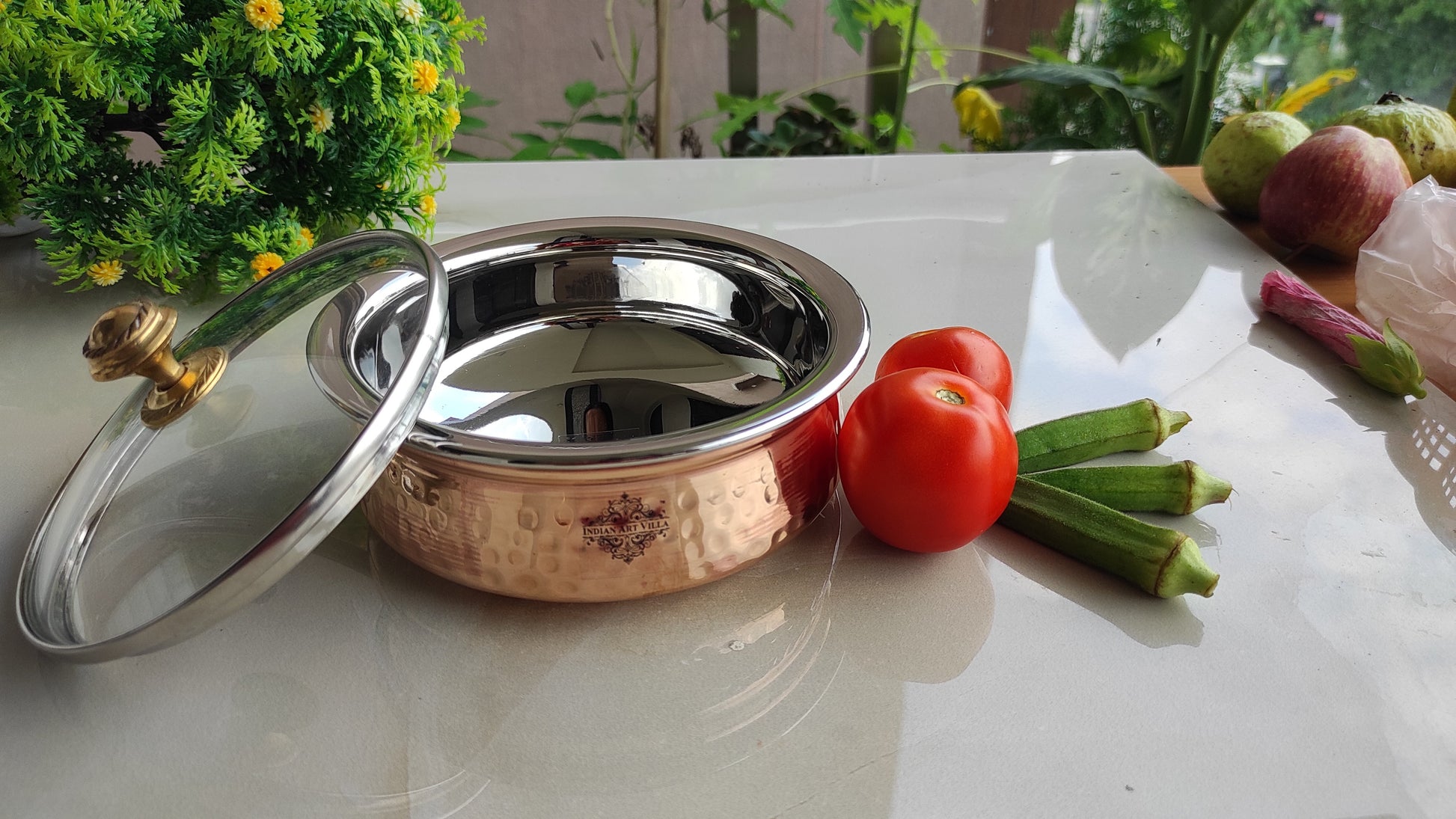 Steel Copper Hammered Serving Handi with Glass Lid and brass handle of lid | Tablewrae | Serveware