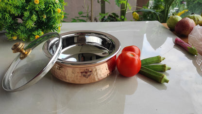 Steel Copper Hammered Serving Handi with Glass Lid and brass handle of lid | Tablewrae | Serveware