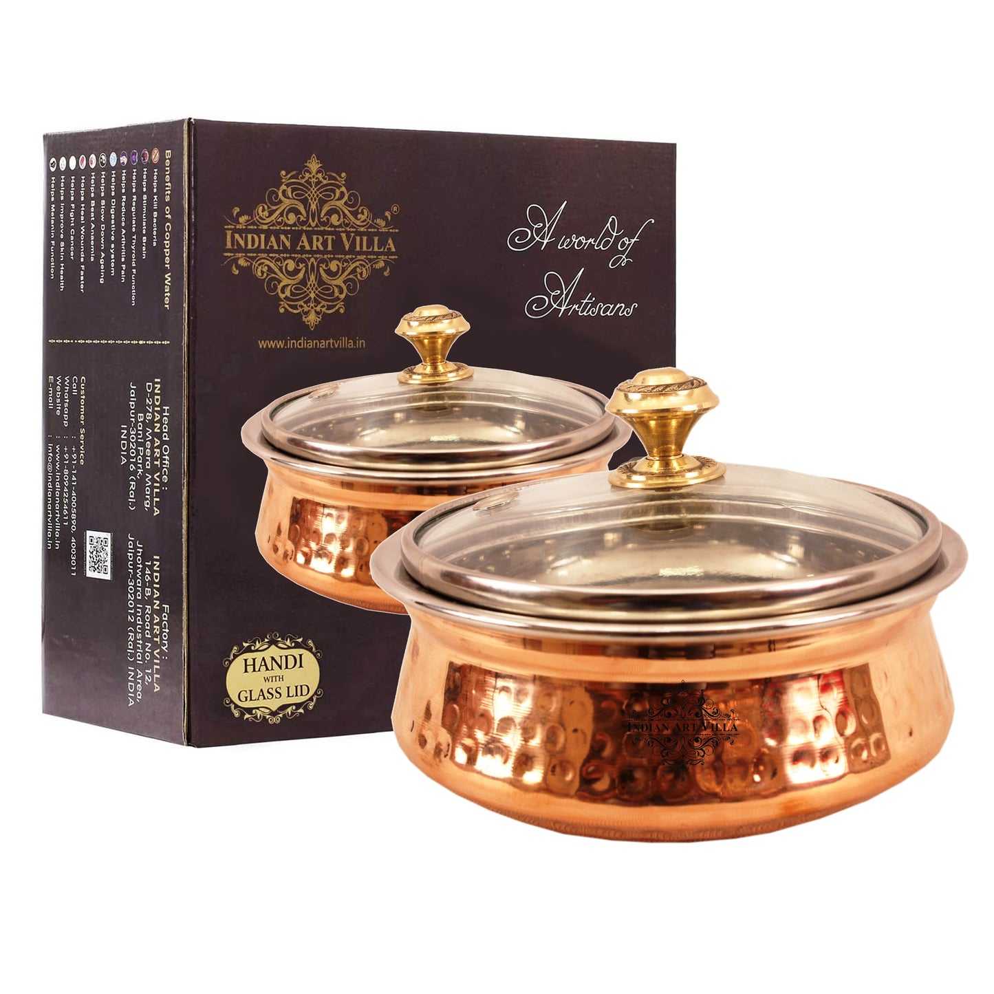 Steel Copper Hammered Serving Handi with Glass Lid and brass handle of lid | Tablewrae | Serveware