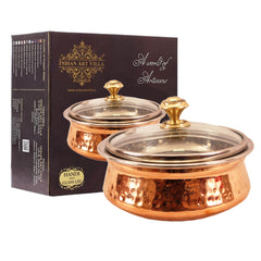 Steel Copper Hammered Serving Handi with Glass Lid and brass handle of lid | Tablewrae | Serveware
