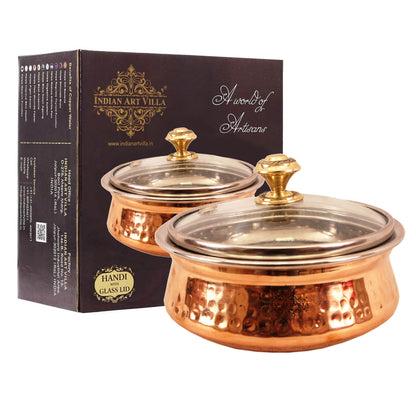 Steel Copper Hammered Serving Handi with Glass Lid and brass handle of lid | Tablewrae | Serveware