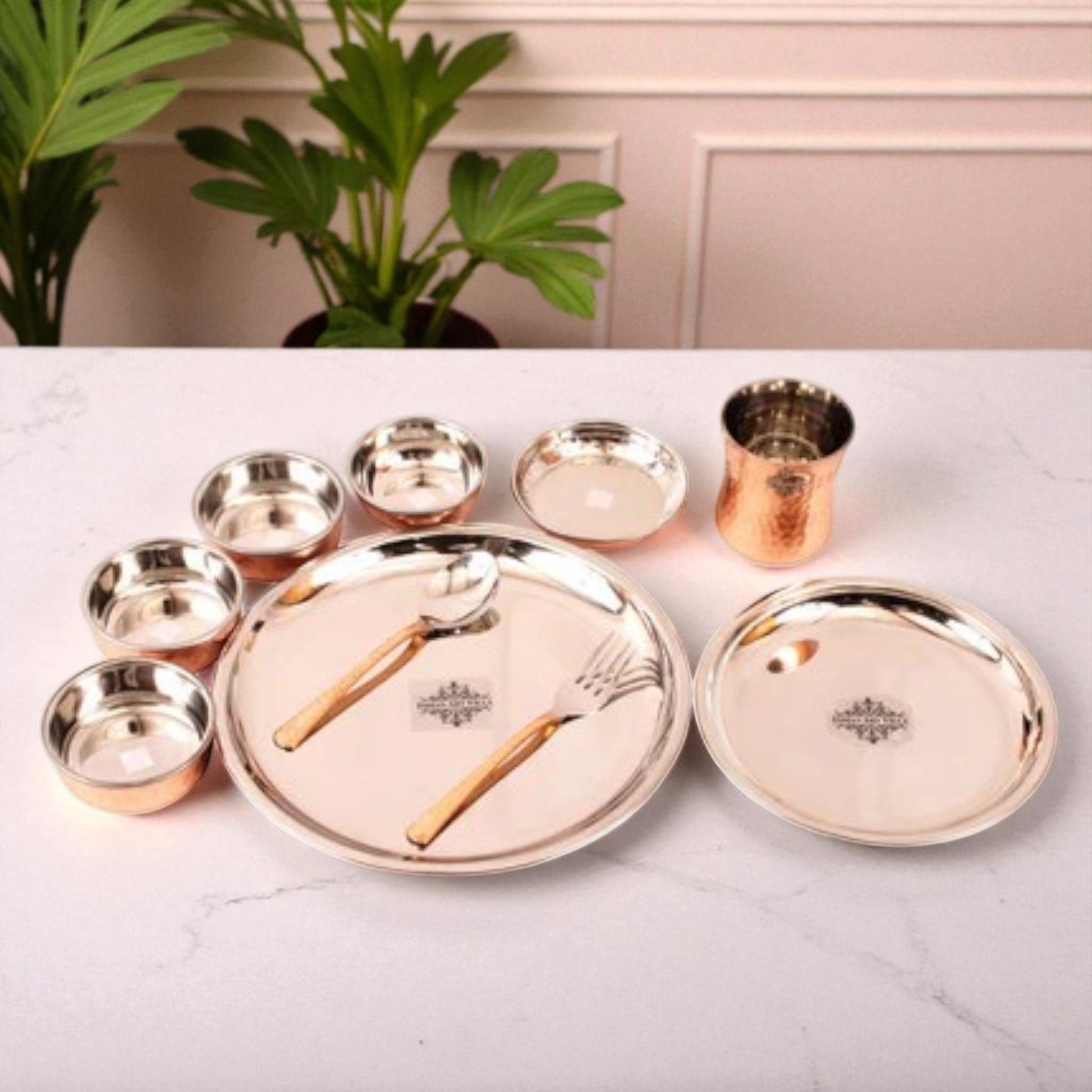 Steel Copper Hammered Design 10 Pieces Dinner Set/Thali Set of 1 Thali, 1 Small Thali, 1 Glass, 1 Spoon, 1 Fork, 1 Small Plate & 4 Bowls, Dinnerware, Tableware Or Crockery