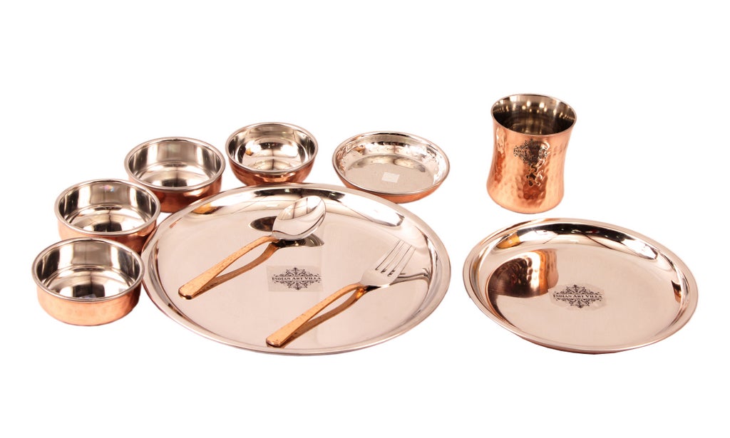 Steel Copper Hammered Design 10 Pieces Dinner Set/Thali Set of 1 Thali, 1 Small Thali, 1 Glass, 1 Spoon, 1 Fork, 1 Small Plate & 4 Bowls, Dinnerware, Tableware Or Crockery