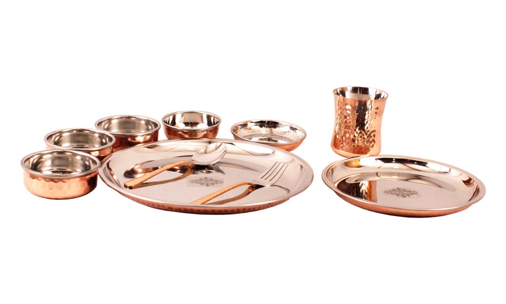 Steel Copper Hammered Design 10 Pieces Dinner Set/Thali Set of 1 Thali, 1 Small Thali, 1 Glass, 1 Spoon, 1 Fork, 1 Small Plate & 4 Bowls, Dinnerware, Tableware Or Crockery