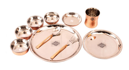 Steel Copper Hammered Design 10 Pieces Dinner Set/Thali Set of 1 Thali, 1 Small Thali, 1 Glass, 1 Spoon, 1 Fork, 1 Small Plate & 4 Bowls, Dinnerware, Tableware Or Crockery