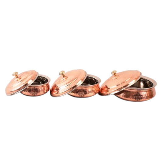 Handcrafted Pure Steel Copper Set of 3 Serving Handi with Lid