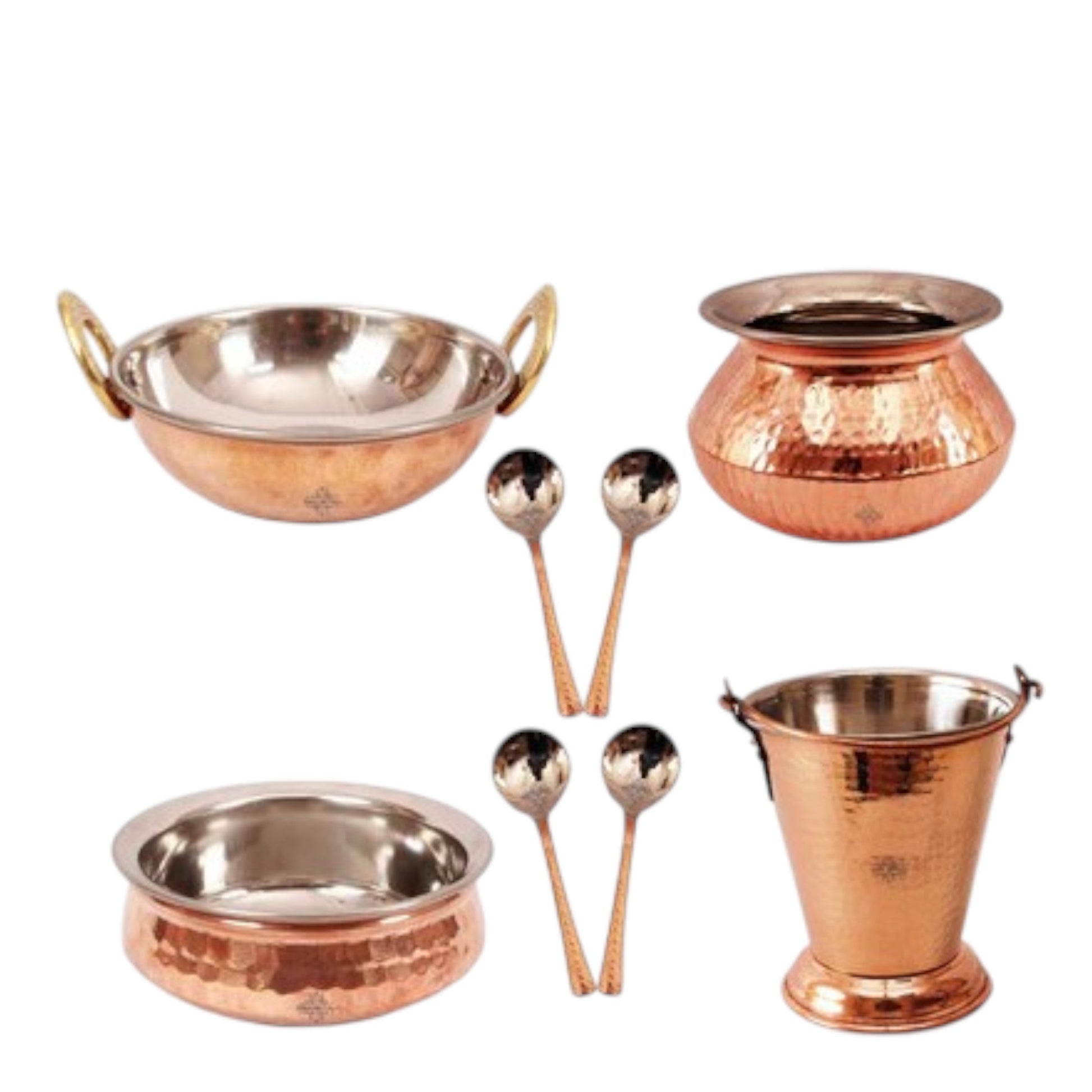 Handmade Pure Steel Copper Serving Set Bucket, Punjabi Handi, Kadai, Handi & 4 Spoons