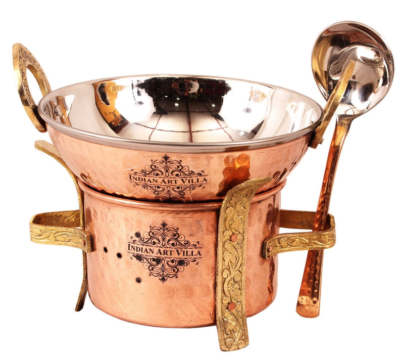 Kitchen Set of 1 Copper Sigri with Brass Stand, 1 Steel Copper Kadai-500 ML & 1 Spoon - Food Warmer, Curry - Home, Hotel, Restaurants