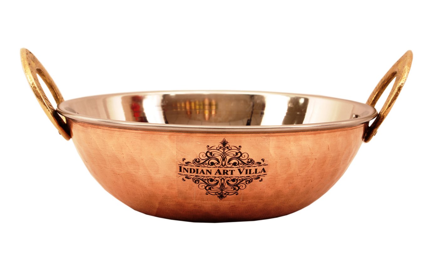 Kitchen Set of 1 Copper Sigri with Brass Stand, 1 Steel Copper Kadai-500 ML & 1 Spoon - Food Warmer, Curry - Home, Hotel, Restaurants