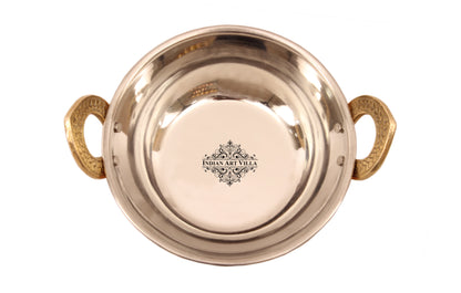 Kitchen Set of 1 Copper Sigri with Brass Stand & 1 Steel Copper Kadai with 1 Serving Spoon - Food Warmer, Dishes, Hotel, Restaurants