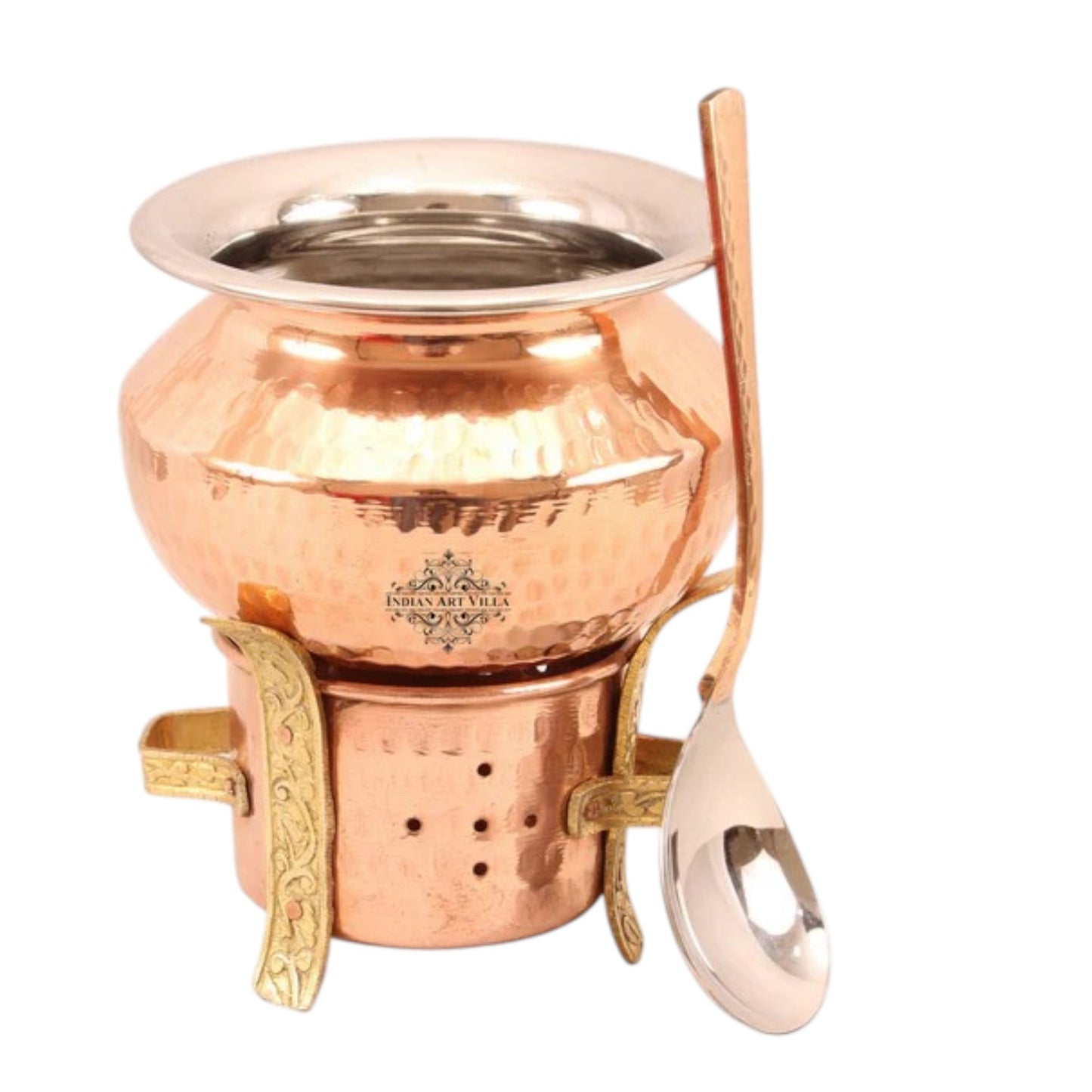 Kitchen Set of 1 Copper Sigri with Brass Stand & 1 Steel Copper Handi-450 ML with 1 Serving Spoon - Food Warmer, Serving Vegetables, Dishes, Curry - Home, Hotel, Restaurants