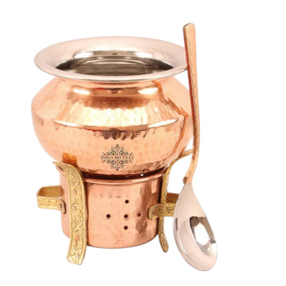 Kitchen Set of 1 Copper Sigri with Brass Stand & 1 Steel Copper Handi-450 ML with 1 Serving Spoon - Food Warmer, Serving Vegetables, Dishes, Curry - Home, Hotel, Restaurants