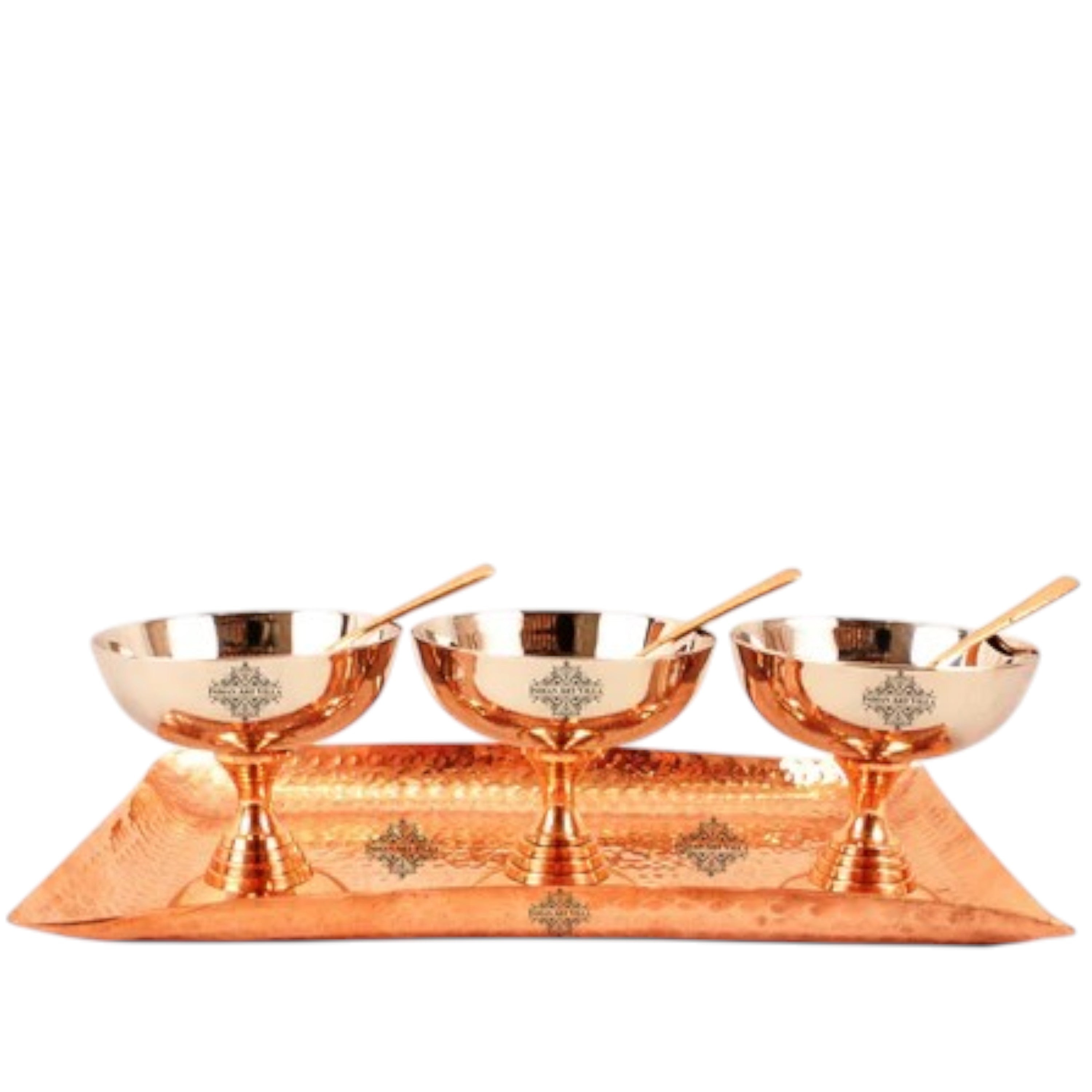 Pure Steel Copper Desert Bowl with Spoons & Hammered Tray