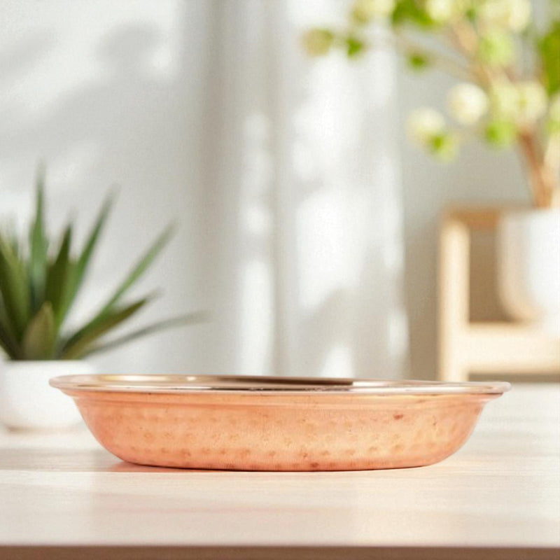 Handmade Pure Steel Copper Serving Set of 1 Platter with 1 Spoon, Tableware, Serveware