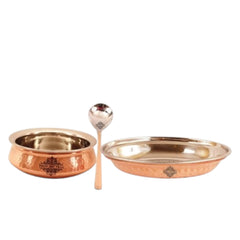 Handcrafted Pure Steel Copper Handi with Platter & Serving Spoon