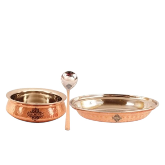 Handcrafted Pure Steel Copper Handi with Platter & Serving Spoon