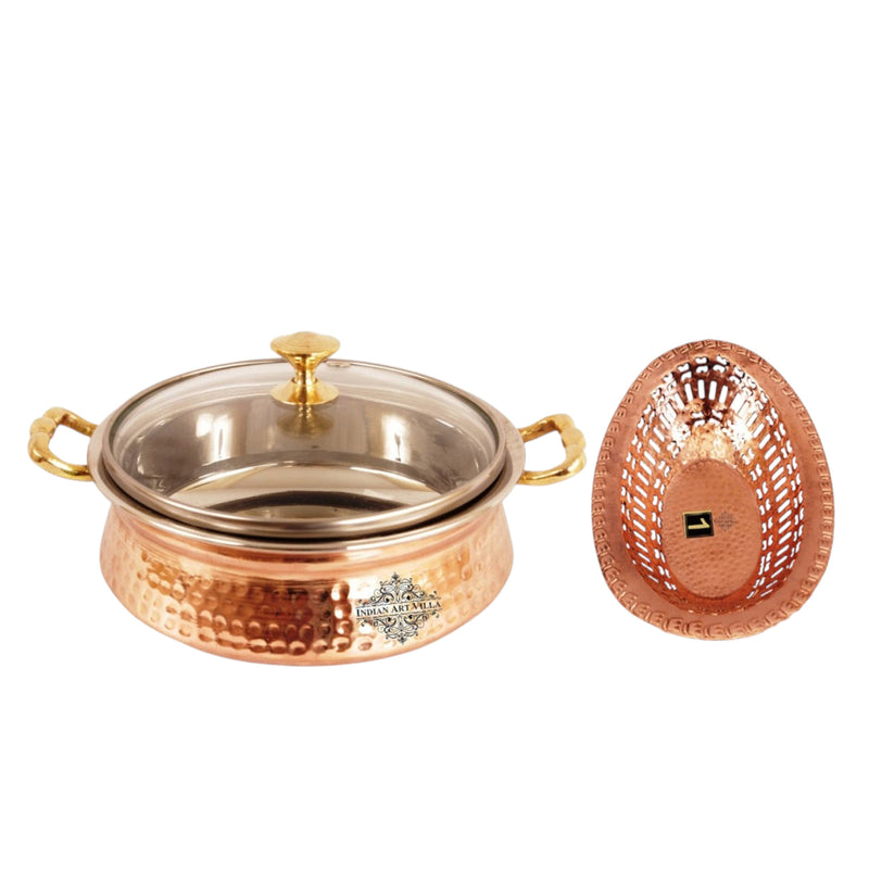 Handmade Pure Steel Copper Casserole Donga with Bread Basket