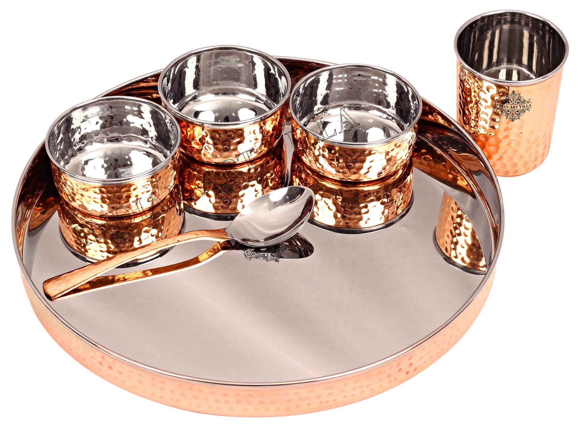 Pure Steel Copper Hammered Design Thali Dinner Set ( 6 Pieces )