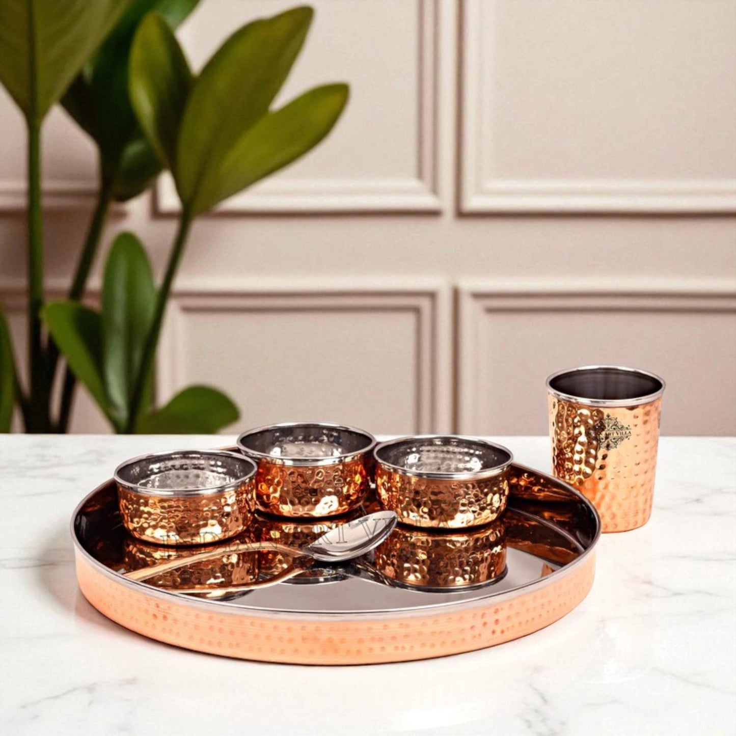 Pure Steel Copper Hammered Design Thali Dinner Set ( 6 Pieces )