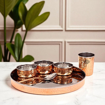 Pure Steel Copper Hammered Design Thali Dinner Set ( 6 Pieces )