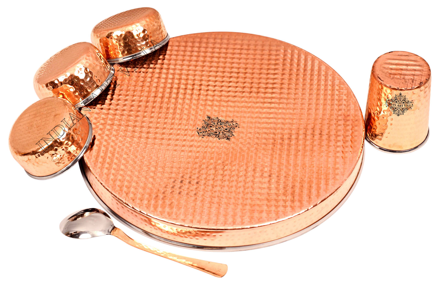 Pure Steel Copper Hammered Design Thali Dinner Set ( 6 Pieces )