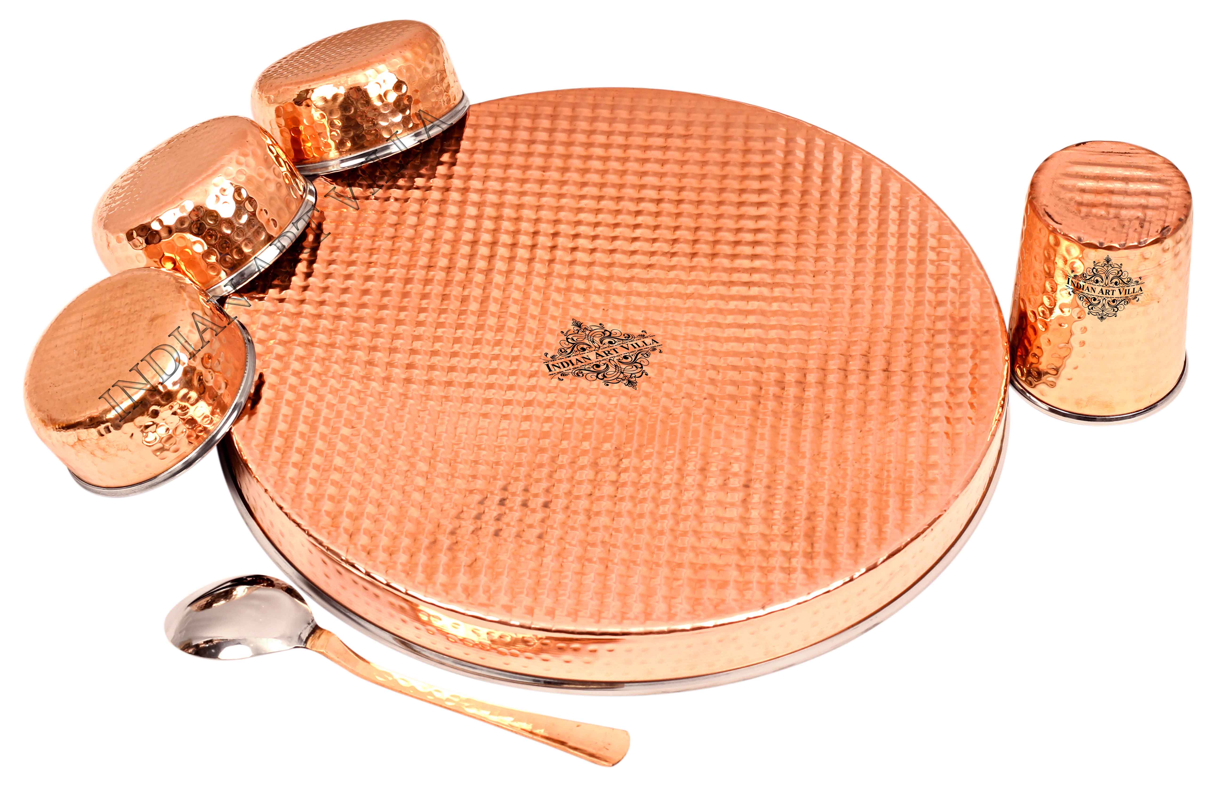 Pure Steel Copper Hammered Design Thali Dinner Set ( 6 Pieces )
