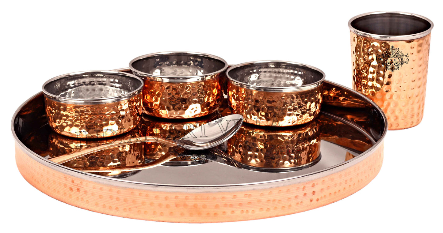 Pure Steel Copper Hammered Design Thali Dinner Set ( 6 Pieces )