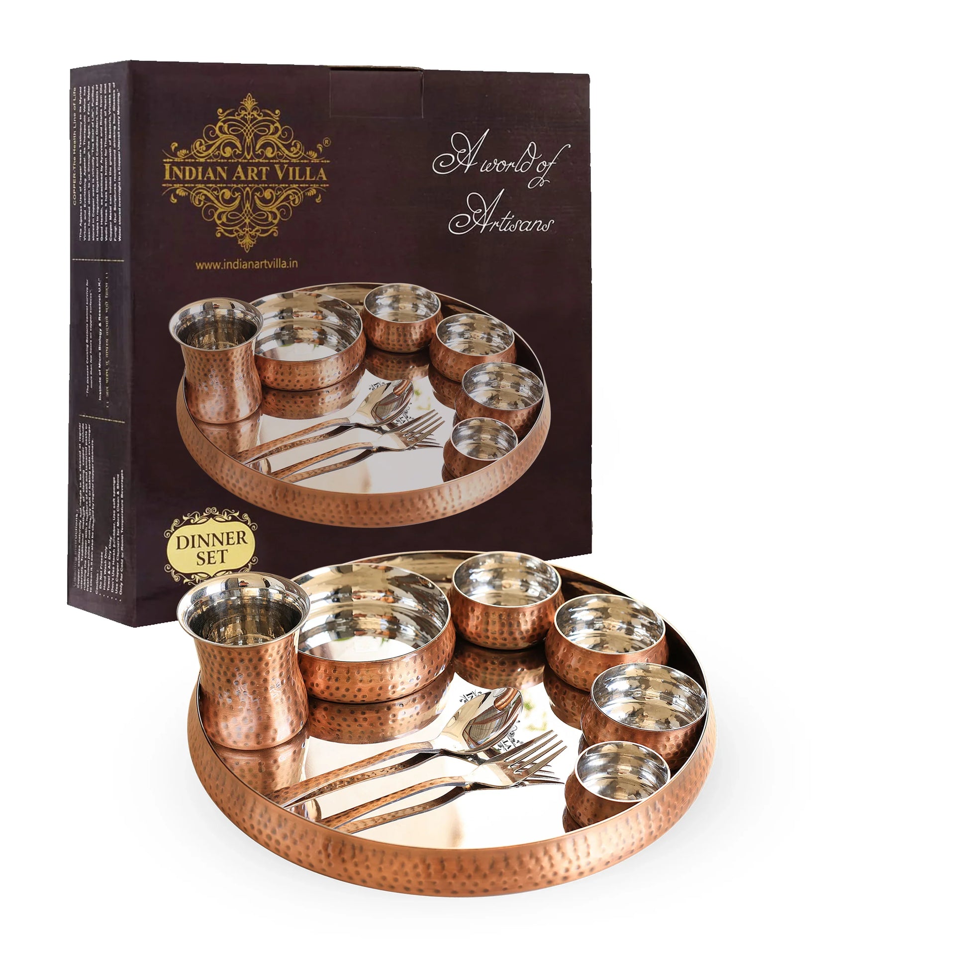 Steel Copper 9-Piece Curve Thali Set, Hammered Shine Finish- – Elegant Tableware for Traditional Dining, Perfect for Home, Restaurant, Special Occasions