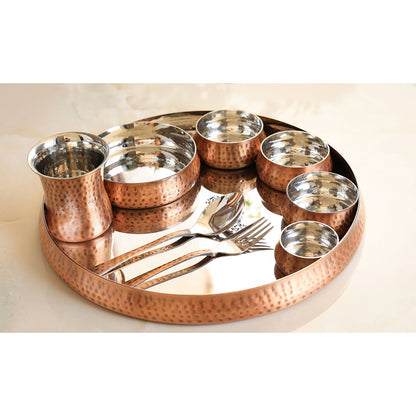 Steel Copper 9-Piece Curve Thali Set, Hammered Shine Finish- – Elegant Tableware for Traditional Dining, Perfect for Home, Restaurant, Special Occasions