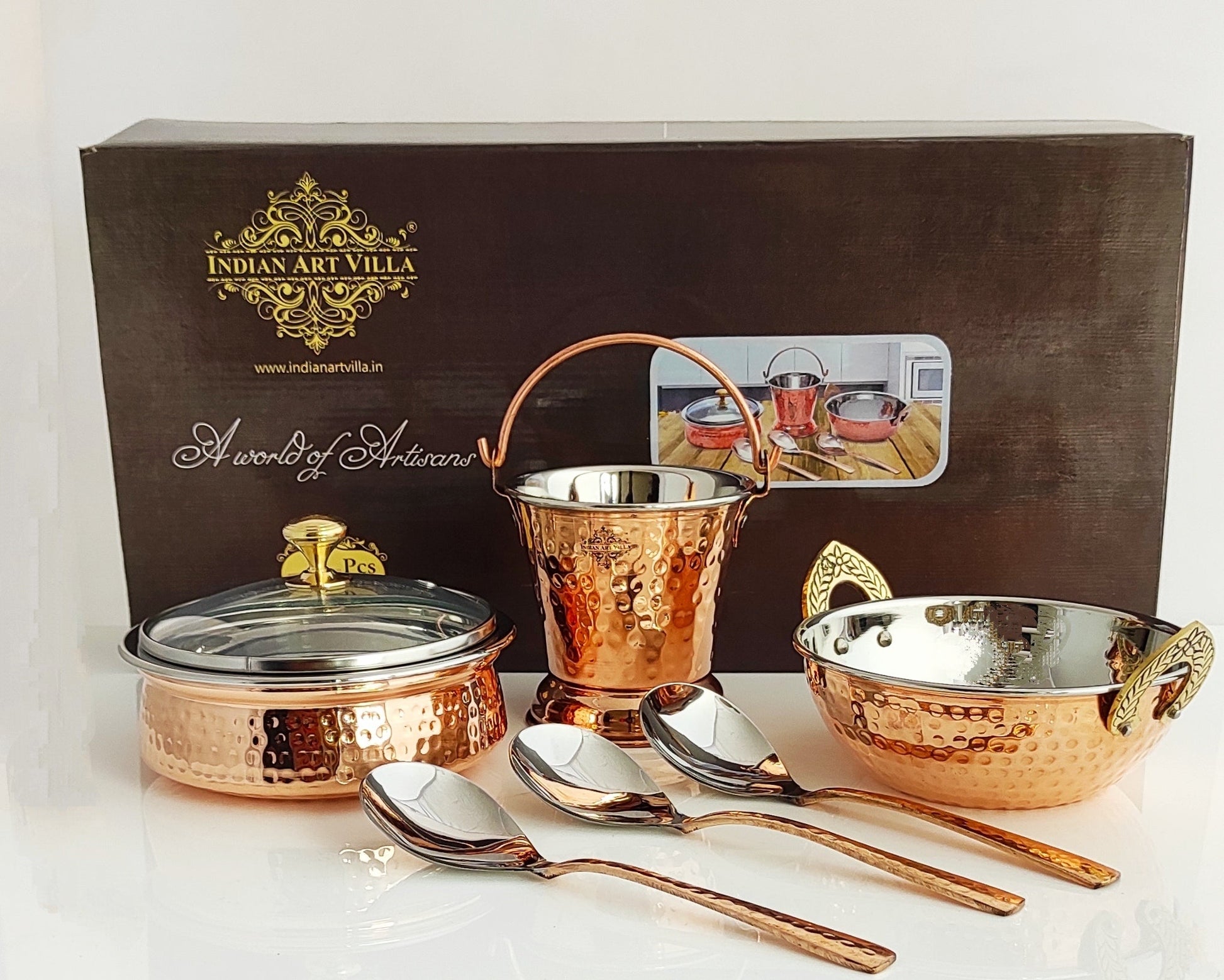 Handcrafted Pure Steel Copper 7 Pieces Hammered Design Dinner Set, Tableware, Serveware